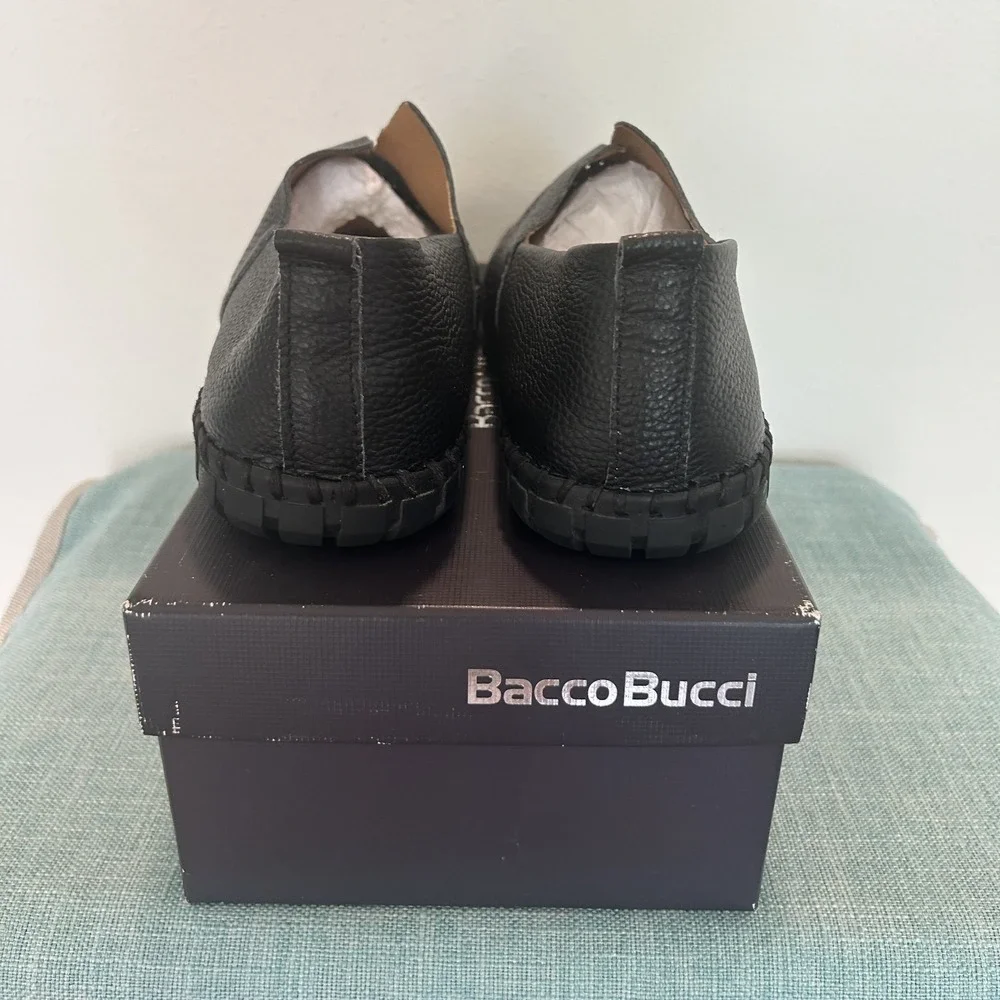 BACCO BUCCI Mens Shoes Black 10.5 Italian Leather Bone Slip On‎ Loafers Casual